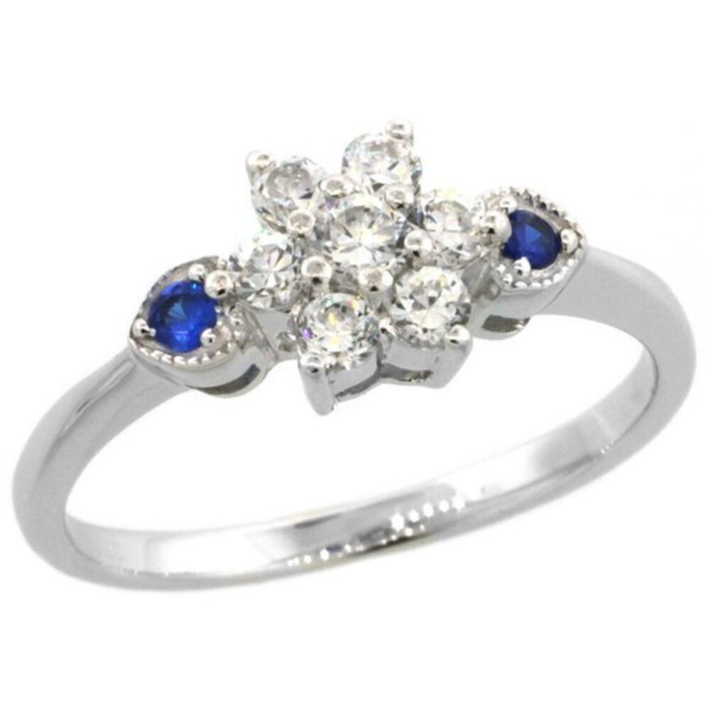 New Sterling Silver Cubic Zirconia Engagement Ring Blue Sapphire Flower Ring